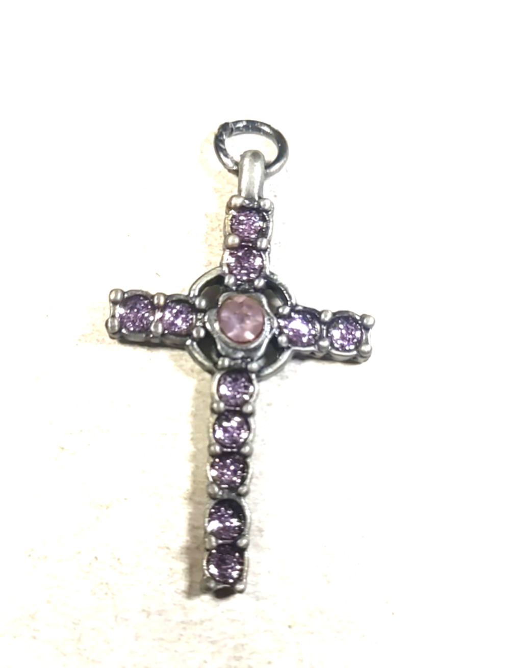 Silver Tone Cross Pink Rhinestone Pendant
